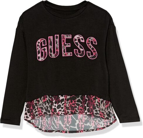 بلوزة GUESS للفتيات من نسيج محبوك قابل للتمدد مع شعار رقعة مطرزة مع طبقة سفلية من الشيفون مطبوع بالكامل in Kuwait