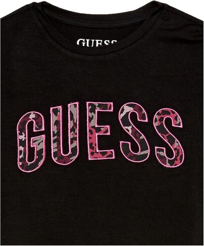 بلوزة GUESS للفتيات من نسيج محبوك قابل للتمدد مع شعار رقعة مطرزة مع طبقة سفلية من الشيفون مطبوع بالكامل in Kuwait