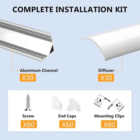 V Shape LED Strip Channel Diffuser System, 30 Pack 3.3ft /1Meter Aluminum Channel Profile Track with Milky Cover, Mounting Kit - Easy Cut and Installation Indoor/Outdoor Use in Saudi Arabia
