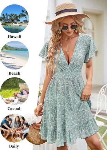 TORARY Women's 2024 Summer Wrap V Neck Dresses Floral Spring Ruffle Swing A Line Beach Short Sun Dress in Kuwait