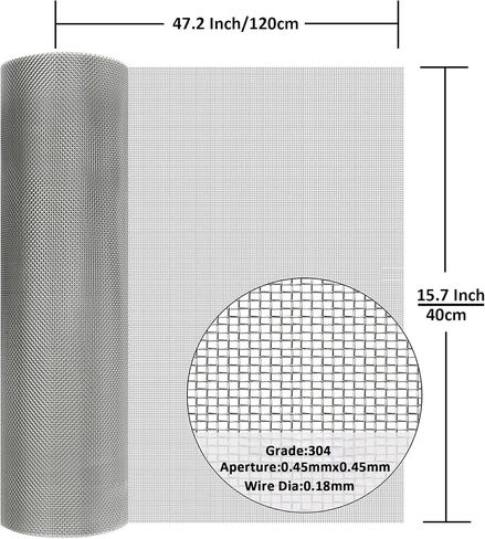 304 Stainless Steel Mesh Screen#20Mesh -Size:15.7"x47.2"(40x120cm), for Home, Garden and Farm. Window or Door Filter, Guards Against Pests Like Mice, Snakes, and Rodents. Easy to Cut and Install. in Saudi Arabia