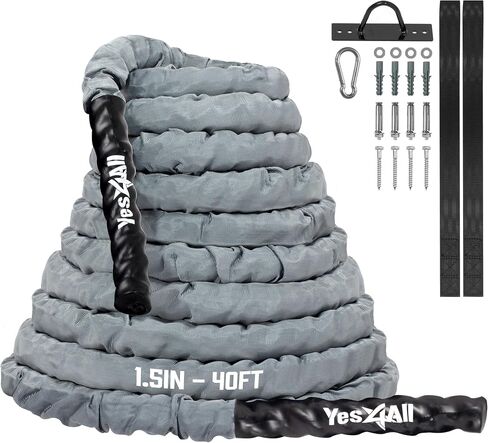 Yes4All 1.5/2 Inch Battle Ropes with Extra Protective Sleeve, Workout Ropes for Cross-Training Home Gym & Fitness Exercises, Strength Training - 30,40 Feet Lengths Available in Saudi Arabia