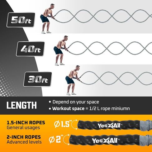 Yes4All حبال معركة مقاس 1.5/2 بوصة مع أكمام واقية إضافية، وحبال تمرين للتدريب المتقاطع في صالة الألعاب الرياضية المنزلية وتمارين اللياقة البدنية، وتدريبات القوة - تتوفر أطوال 30,40 قدمًا in Saudi Arabia