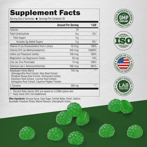 دعم الغدة الدرقية للنساء - سيلينيوم 200 ميكروجرام | الزنك واليود | إل-تيروسين | مغنيسيوم | أعشاب أدابتوجين - مضادات الأكسدة ودعم المناعة 1000 ملغ - نباتي، نكهة التفاح الطبيعية - 60 علكة in Kuwait