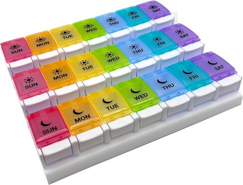 EZY DOSE Weekly (7-Day) Pill Case, Medicine Planner, Vitamin Organizer Box, Daily Planner, Push Button Compartments, Convenient and Easy to Use, 3 Times a Day, Rainbow Lids, BPA Free in Kuwait