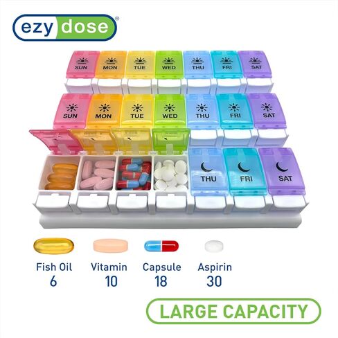 EZY DOSE Weekly (7-Day) Pill Case, Medicine Planner, Vitamin Organizer Box, Daily Planner, Push Button Compartments, Convenient and Easy to Use, 3 Times a Day, Rainbow Lids, BPA Free in Kuwait