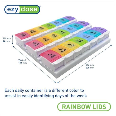 EZY DOSE Weekly (7-Day) Pill Case, Medicine Planner, Vitamin Organizer Box, Daily Planner, Push Button Compartments, Convenient and Easy to Use, 3 Times a Day, Rainbow Lids, BPA Free in Kuwait