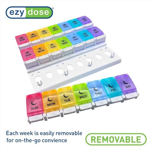 EZY DOSE Weekly (7-Day) Pill Case, Medicine Planner, Vitamin Organizer Box, Daily Planner, Push Button Compartments, Convenient and Easy to Use, 3 Times a Day, Rainbow Lids, BPA Free in Kuwait