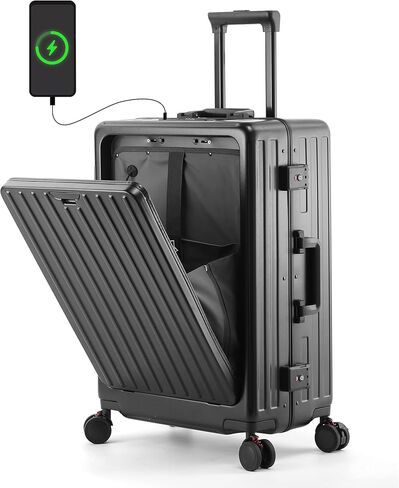 حقيبة سفر كاراني بعجلات دوارة، جيب أمامي، إطار من الألومنيوم، منفذ USB، حامل أكواب وحامل هاتف - حقيبة متوسطة الحجم مصنوعة من البولي كربونات بنسبة 100%، سوداء، 24 بوصة in Kuwait