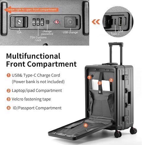 حقيبة سفر كاراني بعجلات دوارة، جيب أمامي، إطار من الألومنيوم، منفذ USB، حامل أكواب وحامل هاتف - حقيبة متوسطة الحجم مصنوعة من البولي كربونات بنسبة 100%، سوداء، 24 بوصة in Kuwait