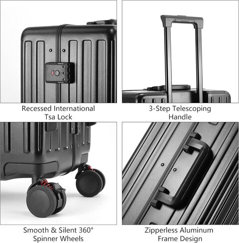 حقيبة سفر كاراني بعجلات دوارة، جيب أمامي، إطار من الألومنيوم، منفذ USB، حامل أكواب وحامل هاتف - حقيبة متوسطة الحجم مصنوعة من البولي كربونات بنسبة 100%، سوداء، 24 بوصة in Kuwait