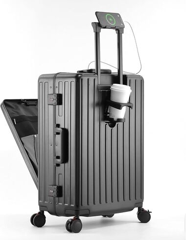 حقيبة سفر كاراني بعجلات دوارة، جيب أمامي، إطار من الألومنيوم، منفذ USB، حامل أكواب وحامل هاتف - حقيبة متوسطة الحجم مصنوعة من البولي كربونات بنسبة 100%، سوداء، 24 بوصة in Kuwait