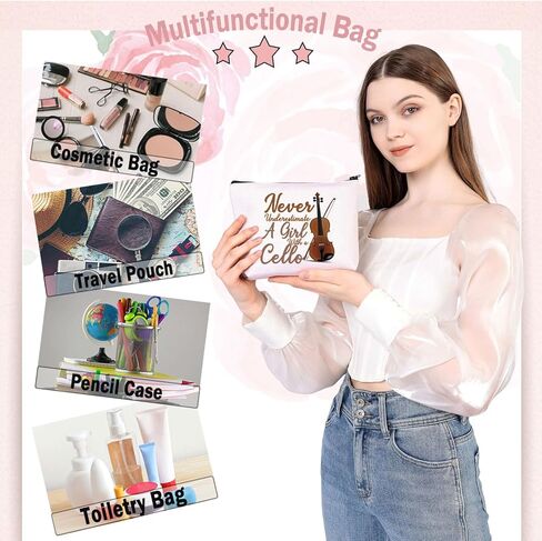 BDPWSS Cello Gift Cello Lover Cello Player Gift Cello Music Teacher Gift Never Underestimate A Girl With A Cello Makeup Bag (Girl With Cello) in Kuwait
