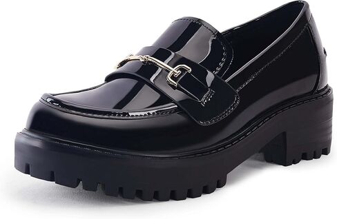 VETASTE Women's Platform Chunky Heel Loafers Slip on Business Casual Shoes | Classic Closed Round Toe, Lug Sole, Work Office Uniform Oxfords, Metal Chain in Saudi Arabia