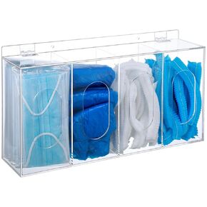 Soaoo 1 Pcs Hairnet Shoe Cover Dispenser Wall Mounted Clear Acrylic Face Mask Dispenser Box with Lids 4 Compartments Gloves Holder on Wall Disposable Mask Acrylic Storage for Organizing Kitchen