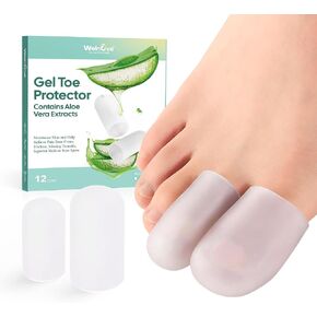 Welnove Gel Toe Cap and Protector - 12-Pack Aloe Vera Extract Infused Silicone Toe Covers - Toe Cushions for Pain Relief, Missing or Ingrown Toenails, Corns, Calluses, Blisters (4L + 8M, Clear)