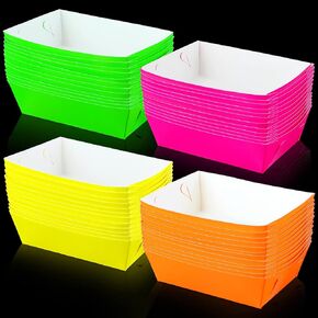Hoolerry 48 Pcs Neon Glow Party Paper Food Trays Party Supplies Paperboard Trays Snack Boats Candy Popcorn Nacho Hot Dog Trays Serving Bowl for Food Buffet Glow Neon Party Decor