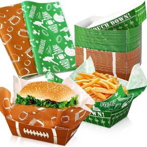 100 PCS Football Py Supplies 1.1 lb 50 Paper Food Trays Serving Boats with Grease Resistant Liner Papers Waxed Deli Sheets for Birthday Sport Game Favors Decorations