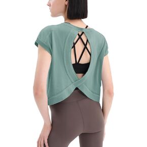 Loovoo Women's Open Back Workout Crop Tops Short Sleeve Yoga Shirts Cute Athletic Running Casual Backless Top Loose Fit