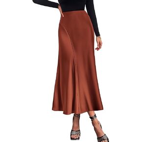 KIRUNDO Women's Elegant Long Satin Skirt Dressy Casual High Waisted Silk Flowy A Line Flared Party Cocktail Midi Skirts