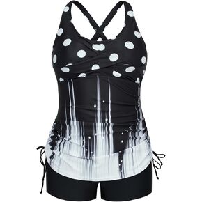 Hanna Nikole Women Plus Size Tankini Swimsuit Two Piece Bathing Suits with Shorts Tie-Side Drawstrings Tankini Swimwear