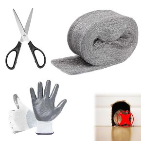 Steel Wool for Mice Control - 1 Pack, 3.2"x12ft Wool, Gap Filler for Home & Garage, DIY Bundle with Gloves & Scissors