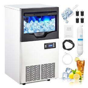 Commercial Ice Maker Machine, 100LBS/24H Under Counter Ice Maker, Freestanding Ice Machine w/33LBS Ice Storage, LCD Controller, Self Cleaning, Stainless Steel Large Ice Maker for Restaurant Home