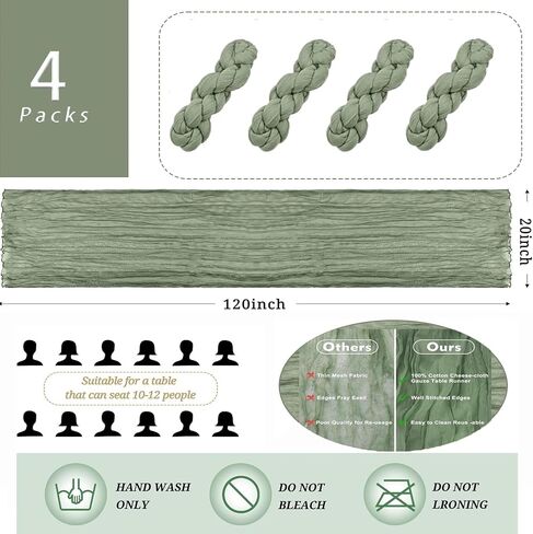 4 Pack Sage Green Cheesecloth Table Runner 20 x 120 inch Gauze Table Runners 10 FT Long,Semi Sheer Boho Cheese Cloth Fabric Table Runner Bulk for Wedding,Party,Baby Shower,Bridal Shower Decoration in Saudi Arabia