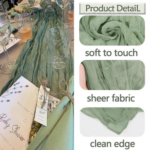 4 Pack Sage Green Cheesecloth Table Runner 20 x 120 inch Gauze Table Runners 10 FT Long,Semi Sheer Boho Cheese Cloth Fabric Table Runner Bulk for Wedding,Party,Baby Shower,Bridal Shower Decoration in Saudi Arabia