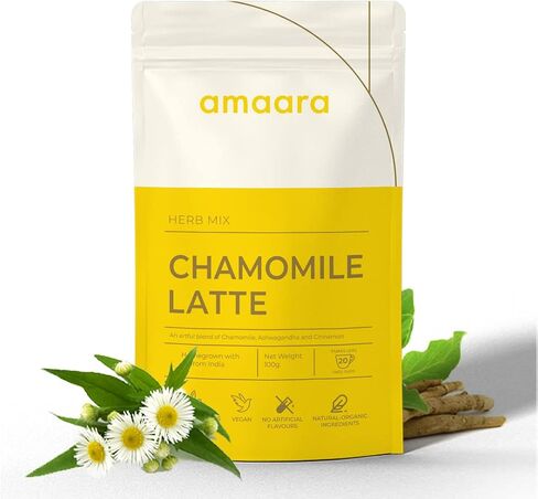 Amaara Herbs CHAMOMILE LATTE Herb Mix Bag| 100 gms | Chamomile + Ashwagandha + Coconut Milk + Coconut Sugar + Nutmeg | Instant drink mix | Sweet & Mellow | Vegan | Brew Hot or Cold in Saudi Arabia