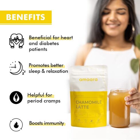 Amaara Herbs CHAMOMILE LATTE Herb Mix Bag| 100 gms | Chamomile + Ashwagandha + Coconut Milk + Coconut Sugar + Nutmeg | Instant drink mix | Sweet & Mellow | Vegan | Brew Hot or Cold in Saudi Arabia
