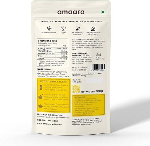 Amaara Herbs CHAMOMILE LATTE Herb Mix Bag| 100 gms | Chamomile + Ashwagandha + Coconut Milk + Coconut Sugar + Nutmeg | Instant drink mix | Sweet & Mellow | Vegan | Brew Hot or Cold in Saudi Arabia