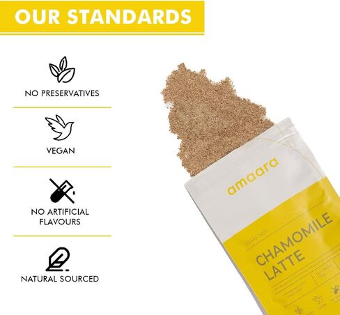 Amaara Herbs CHAMOMILE LATTE Herb Mix Bag| 100 gms | Chamomile + Ashwagandha + Coconut Milk + Coconut Sugar + Nutmeg | Instant drink mix | Sweet & Mellow | Vegan | Brew Hot or Cold in Saudi Arabia