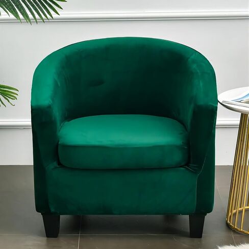 Tub Chair Slipcover,2-Pieces Stretchy Soft Velvet Barrel Club Chair Covers with Cushion Cover,Washable Armchair Sofa Cover Protector for Living Room Bar Counter Single Sofa (Dark Green) in Saudi Arabia