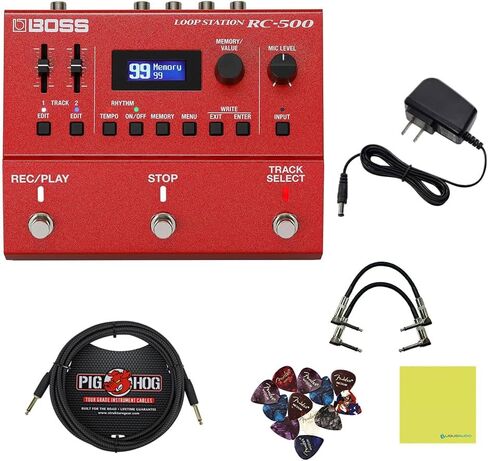 Boss RC-500 Loop Station Bundle w/ 2-Pack S6P48 Woven Right Angle Patch Cable, Pig Hog "Black Woven" Instrument Cable, 12-Pack Guitar Pick, 9V Power Adapter & Liquid Audio Polishing Cloth in Saudi Arabia