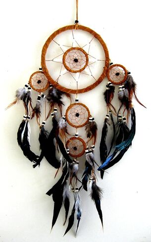 Dream Catcher Traditional Native Style BROWN SUEDE Dreamcatcher with Bone Beads & Feathers - 28" Long x 8" Diameter - OMA® BRAND in Saudi Arabia