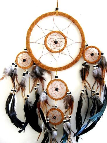 Dream Catcher Traditional Native Style BROWN SUEDE Dreamcatcher with Bone Beads & Feathers - 28" Long x 8" Diameter - OMA® BRAND in Saudi Arabia