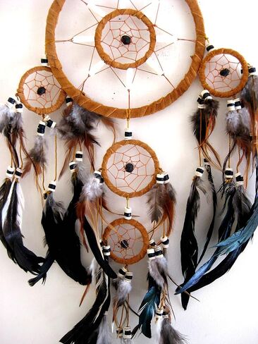 Dream Catcher Traditional Native Style BROWN SUEDE Dreamcatcher with Bone Beads & Feathers - 28" Long x 8" Diameter - OMA® BRAND in Saudi Arabia
