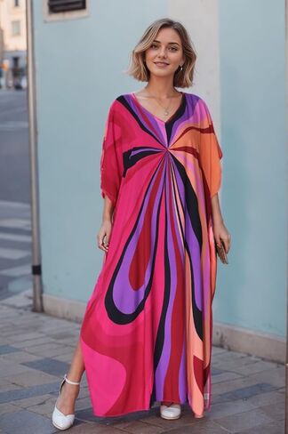 RanRui Floral Print Kaftan Dresses for Women Ethnic Boho Print swim cover up Batwing Sleeve Vneck Caftans in Kuwait