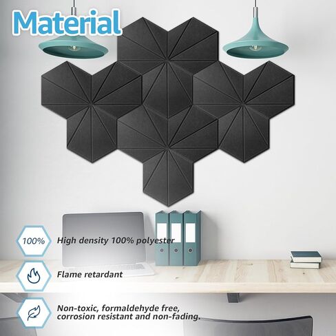 Art3d 12 Pcs Hexagon Acoustic Panels, High Density Sound Absorbing Panels, Soundproof Wall Panels For Home, Sound Insulation Beveled Edge Tiles, Black-Triangle in Saudi Arabia