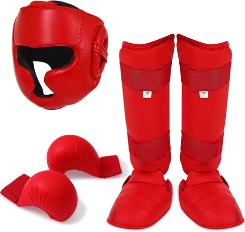 5 Pcs Red Sparring Gear Set 1 Pcs Boxing Headgear Safety Helmet 2 Pcs Karate Gloves 2 Pcs Karate Shin Guards and Karate Shoes Boxing Gear Equipment for Beginner Kid Adult Protective Training in Saudi Arabia