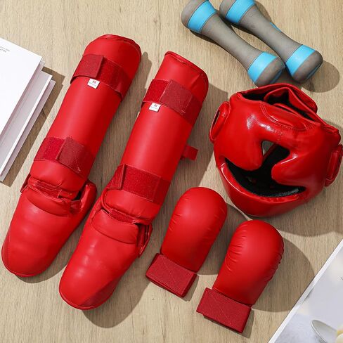 5 Pcs Red Sparring Gear Set 1 Pcs Boxing Headgear Safety Helmet 2 Pcs Karate Gloves 2 Pcs Karate Shin Guards and Karate Shoes Boxing Gear Equipment for Beginner Kid Adult Protective Training in Saudi Arabia