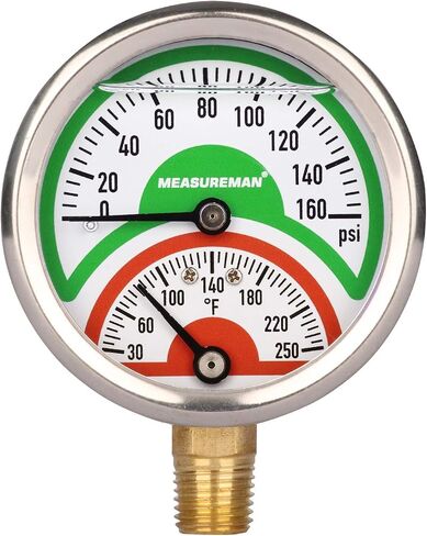 MEASUREMAN Tridicator، مقياس الضغط الحراري، 2-1/2 بوصة، مملوء بزيت السيليكون، 0-160 رطل لكل بوصة مربعة/30-250 درجة فهرنهايت، علبة من الفولاذ المقاوم للصدأ، مقياس ضغط منخفض للتركيب 1/4 بوصة NPT in Kuwait