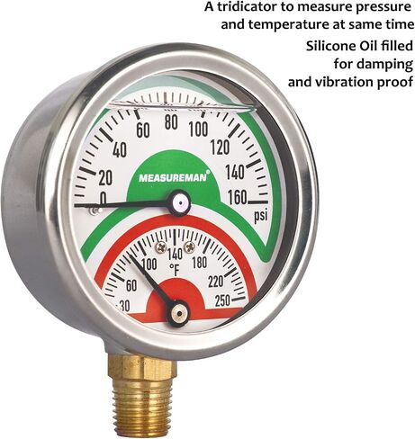 MEASUREMAN Tridicator، مقياس الضغط الحراري، 2-1/2 بوصة، مملوء بزيت السيليكون، 0-160 رطل لكل بوصة مربعة/30-250 درجة فهرنهايت، علبة من الفولاذ المقاوم للصدأ، مقياس ضغط منخفض للتركيب 1/4 بوصة NPT in Kuwait
