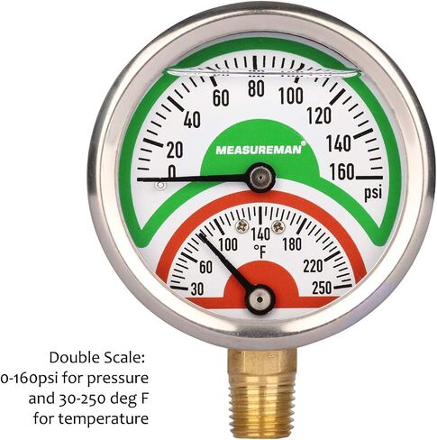 MEASUREMAN Tridicator، مقياس الضغط الحراري، 2-1/2 بوصة، مملوء بزيت السيليكون، 0-160 رطل لكل بوصة مربعة/30-250 درجة فهرنهايت، علبة من الفولاذ المقاوم للصدأ، مقياس ضغط منخفض للتركيب 1/4 بوصة NPT in Kuwait