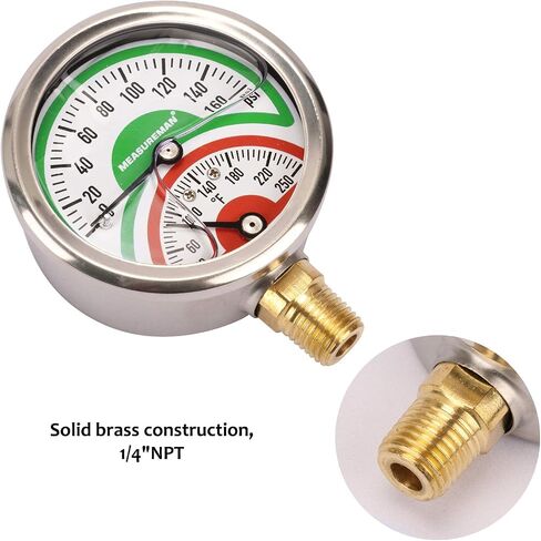 MEASUREMAN Tridicator، مقياس الضغط الحراري، 2-1/2 بوصة، مملوء بزيت السيليكون، 0-160 رطل لكل بوصة مربعة/30-250 درجة فهرنهايت، علبة من الفولاذ المقاوم للصدأ، مقياس ضغط منخفض للتركيب 1/4 بوصة NPT in Kuwait