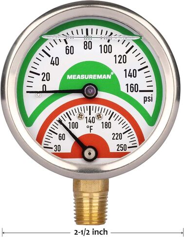 MEASUREMAN Tridicator، مقياس الضغط الحراري، 2-1/2 بوصة، مملوء بزيت السيليكون، 0-160 رطل لكل بوصة مربعة/30-250 درجة فهرنهايت، علبة من الفولاذ المقاوم للصدأ، مقياس ضغط منخفض للتركيب 1/4 بوصة NPT in Kuwait