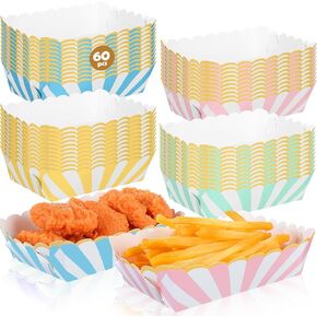 60 Pcs Pastel Paper Food Trays Pastel Party Supplies Kraft Food Boats Disposable Paper Food Serving Plates 4 Colors Stripes with Scalloped Gold Foil for Hot Dog Fries Taco Popcorn