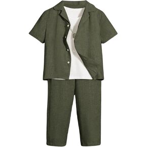 Verdusa Boy's 2 Piece Outfit Button Front Short Sleeve Shirt and Drawstring Waist Pants Set