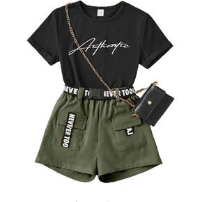 OYOANGLE Girl's 2 Piece Outfits Letter Graphic Round Neck Tee Shirt and Buckle Belted Shorts Set